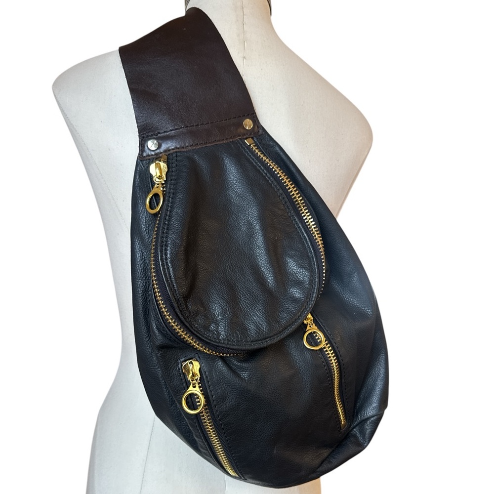 Free People Jordyn Black and Brown Leather Sling Bag with Gold Zippers Cyclists